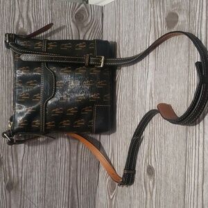 Dooney and Burke 1975 black canvas tan monogram crossbody bag